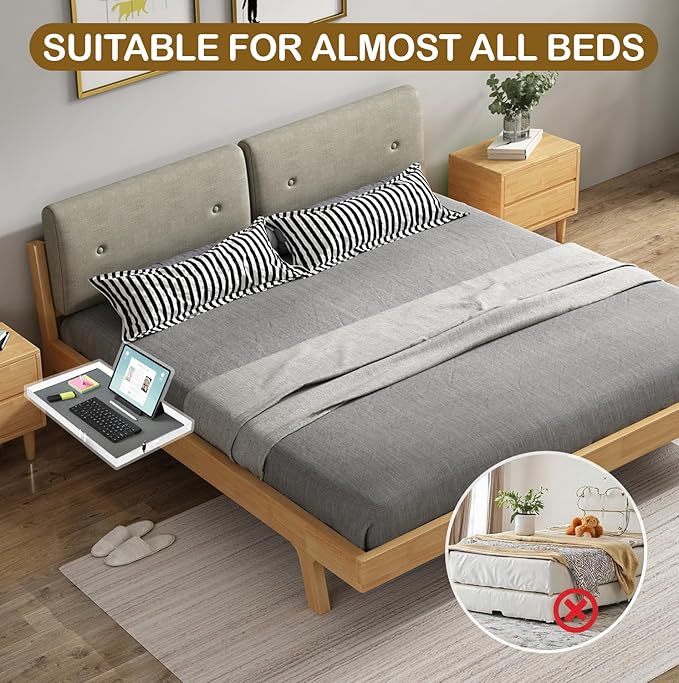 Metal Bedside Shelf for Bunk Bed & Top Bunk, Clip On Bed Side Table Tray Organizer for College Dorm Room,Loft Nightstand, Organizer Tray with Hook, Cord Clip and Cup Holder (White)