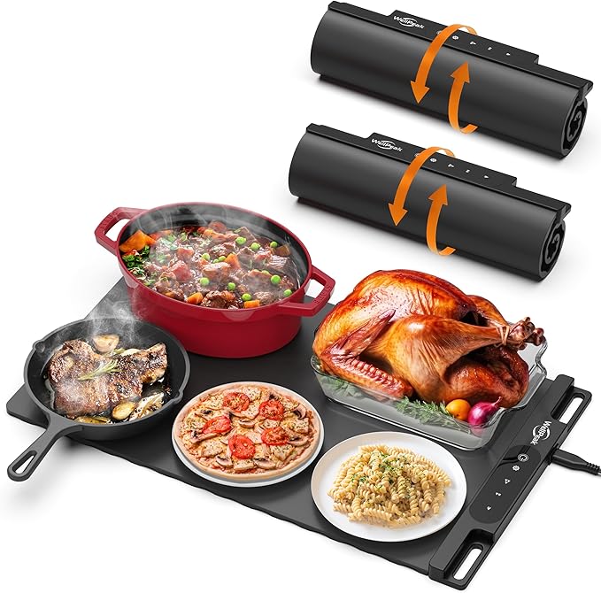 Electric Warming Mat for Food (2-Pack)-Full Surface Fast Heating Silicone Warmer Tray with 3-Level Temperature, Auto-Off, Raised Feet for Table Protection, for Gatherings,Parties,Home Buffet