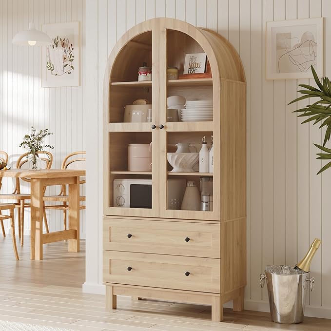 71" Tall Arched Kitchen Pantry, Kitchens Pantry Storage Cabinet with 2 Large Drawers and Adjustable Shelves, Modern Farmhouse Versatile Cupboard for Kitchen, Dining Room, Bathroom, Natrual