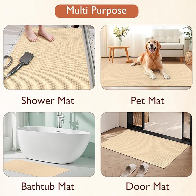 Extra Large Non-Slip Shower Mat, Fast-Dry PVC Bath Stall Tub Mat, Drain-Hole Design for Shower Stall Tub for Elderly/Kids, Non Slip Bath Mat Bathroom Safety Accessory, Khaki 58"x32"