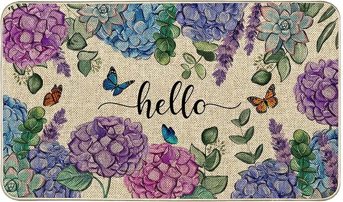 Welcome Spring Door Mat Hydrangea Flowers Doormat Indoor Outdoor Entrance Summer Decor Outdoor Rug Low-Profile Floor Rug Non Slip Spring Summer Decor Rubber Mats for Home Decoration 17x29Inch