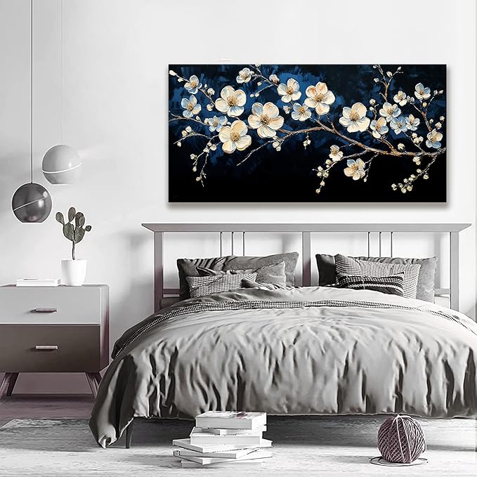 Suconvng White Flower Wall Art Canvas Wall Art Decor Set Home Wall Decor Modern Black Wall Decoration Painting Neutral Botanical Art Print Picture Living Room Bedroom Office Artwork 24" X 48"