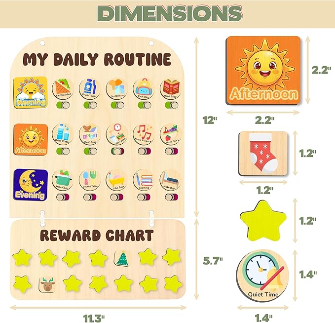 2-in-1 Chore Chart for Kids Toddler & Teens, Montessori Wooden Routine Responsibility Board, Visual Schedule, Reward System for ADHD Autism, Daily Morning & Bedtime Checklist, 11.3''x17.7''