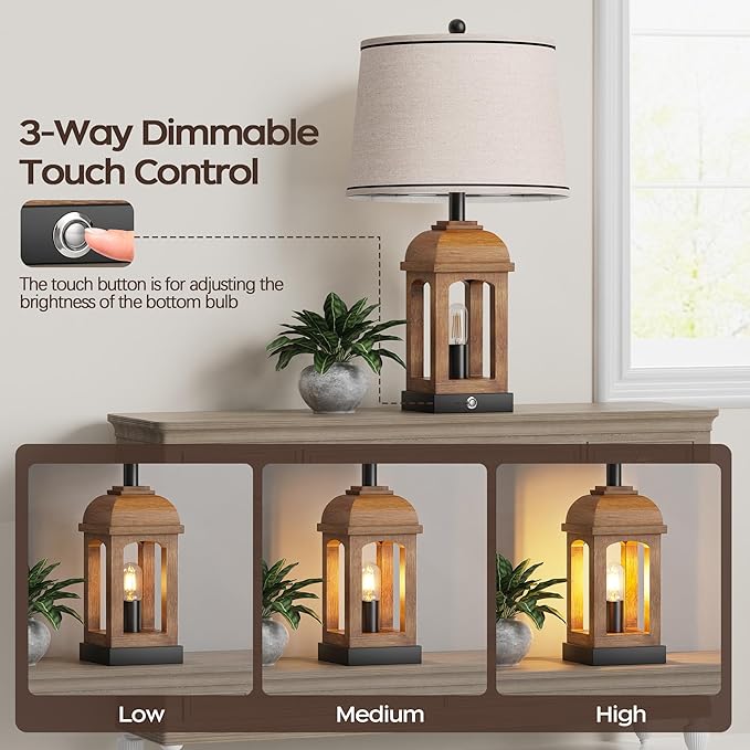 QiMH Table Lamp for Living Room, Farmhouse Lamps Set of 2 with USB A+C and Nightlight, 26" Rustic Bedside Lamps with 3-Way Dimmable Touch Control, Nightstand Lamp for Bedroom Decor, Wood Grain