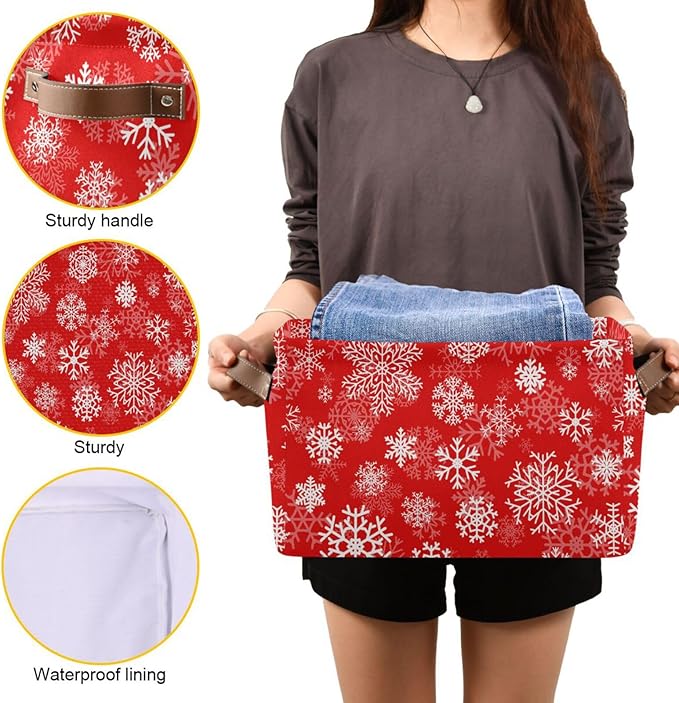 Christmas White Snowflakes on Red Storage Basket Cube Storage Bins Organizer Bag Collapsible Closet Shelf Baskets with handle for Cloth Book 14.2×10.2×8.3 IN