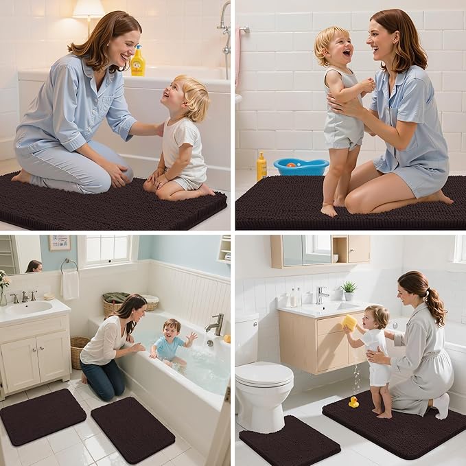 Arotive Bathroom Toilet Rugs U Shaped 24x20, Extra Soft Absorbent Shaggy Chenille Contour Bath Rugs for Toilet, Machine Washable Non-Slip Contoured Bath Mats, Brown