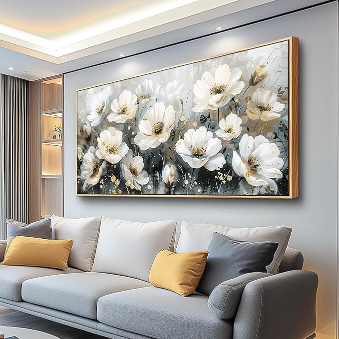 PHAOHUAXM Wall Decor For Living Room Canvas Wall Art For Bedroom Office Print Artwork White Ink-Wash Flower-Shaped Wooden Frame Murals Artwork For Modern Posters Restaurant Home Decoration 20"X40"