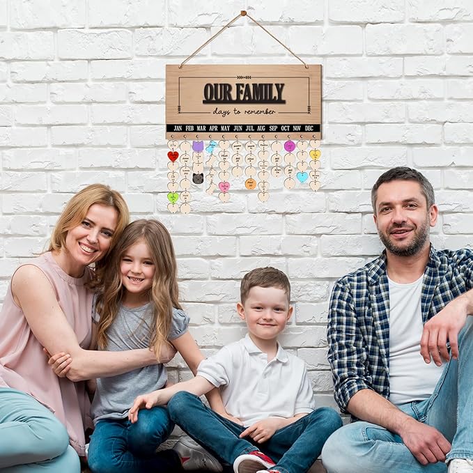 Family Birthday Calendar Board Wall Hanging with Tags, Family Birthday Plaque with Tag Wooden Memory Days Reminder Wall Hanging Home Décor Wood Anniversary Tracker with 104 Tags, Valentines Day Christmas Gifts for Lovers Friends (OUR FAMILY)
