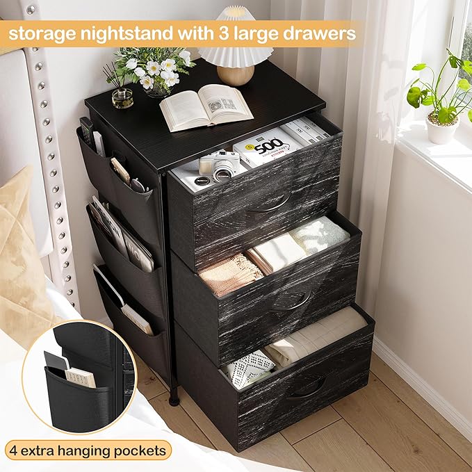 Night Stand Set 2, Night Stand with Drawers for Bedroom, Bedside Table with Wooden Top, Sturdy Steel Frame End Table, Dorm Nightstand for Bedroom, Entryway, Hallway, Closet, Cloth Bags, Hooks, Black