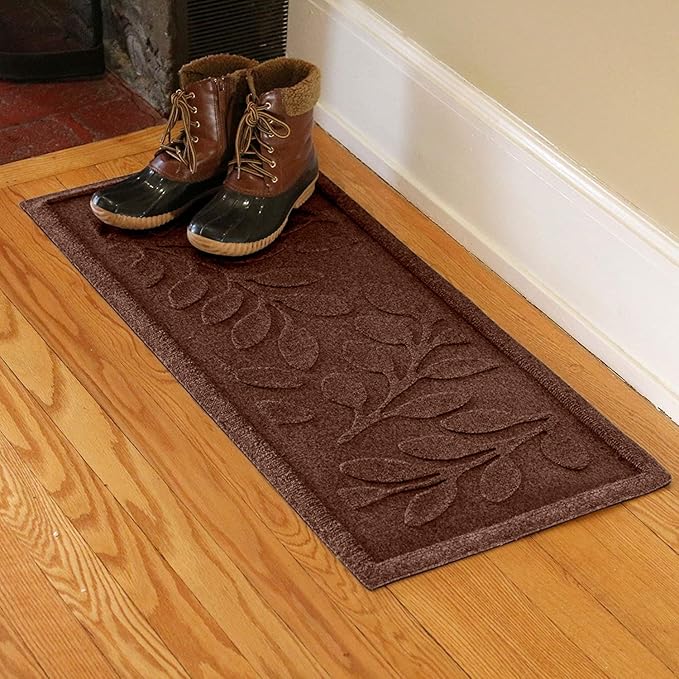 Bungalow Flooring Waterhog Indoor/Outdoor Boot Tray, 15 by 36 inches, Made in USA, Skid Resistant, Easy to Clean, Catches Water and Debris, Brittney Leaf Pattern, Dark Brown