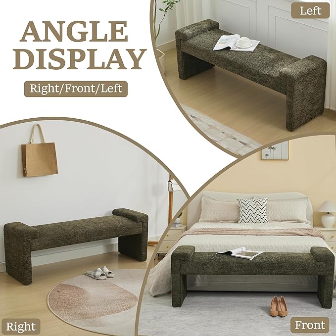 58.7" End of Bed Bench Upholstered Modern Bedroom Bench for Living Room & Entryway, Easy Assembly, Footrest Ottoman Accent Window Bench with Solid Wood Frame & Curved Arm, Green