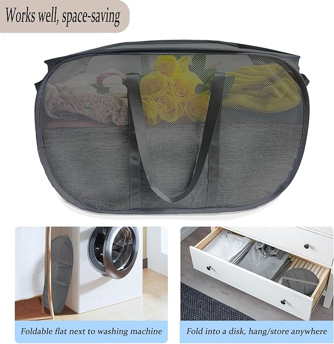Extra Large Mesh Pop Up Laundry Hamper 2 Pack,100L Collapsible Laundry Baskets, Dirty Clothes Hamper with Reinforced Handles, Folding Hampers for Travel, Nursery, Dorm or Home. Black