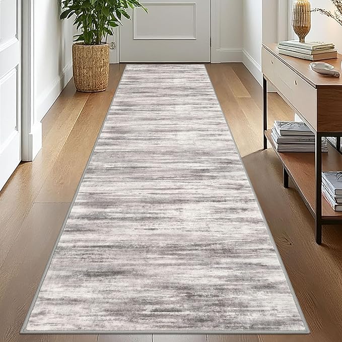 KOZYFLY Modern Abstract Washable Rug Runner 2.6x10 Hallway Rug Runner Non-Slip Soft Kitchen Runner Rugs, Grey-Beige Striped Carpet for Entryway Bathroom Laundry Room Foyer