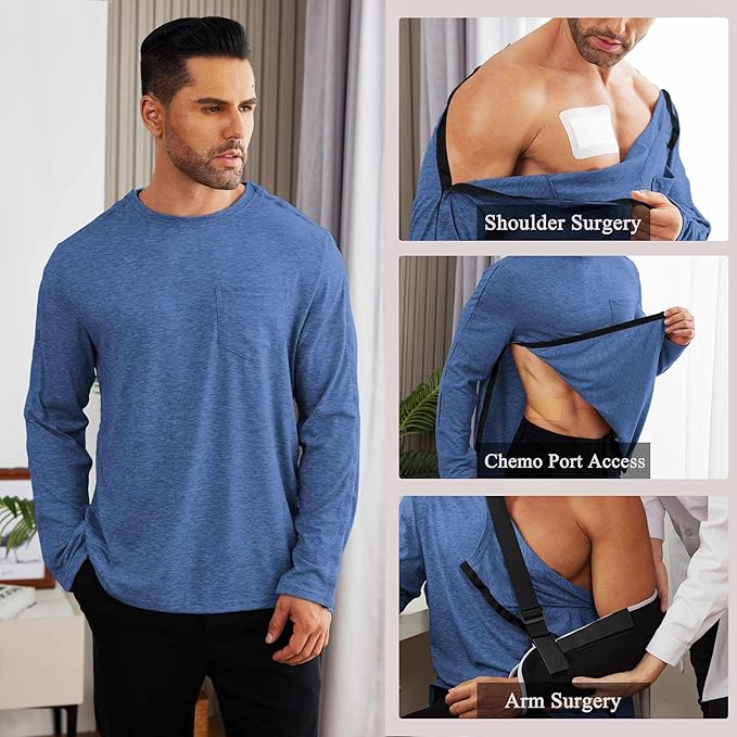 Deyeek Men's Post Shoulder Surgery Recovery Shirts Full Tear Away Long Sleeve Snap Chemo Port Access Shirt