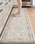 DEXI Kitchen Floor Mats Cushioned Anti Fatigue, 23x86 Long Wide Standing Comfort Runner Rug, Waterproof Retro Floral Memory Foam Padded for Front Sink Laundry, Beige/Ivory