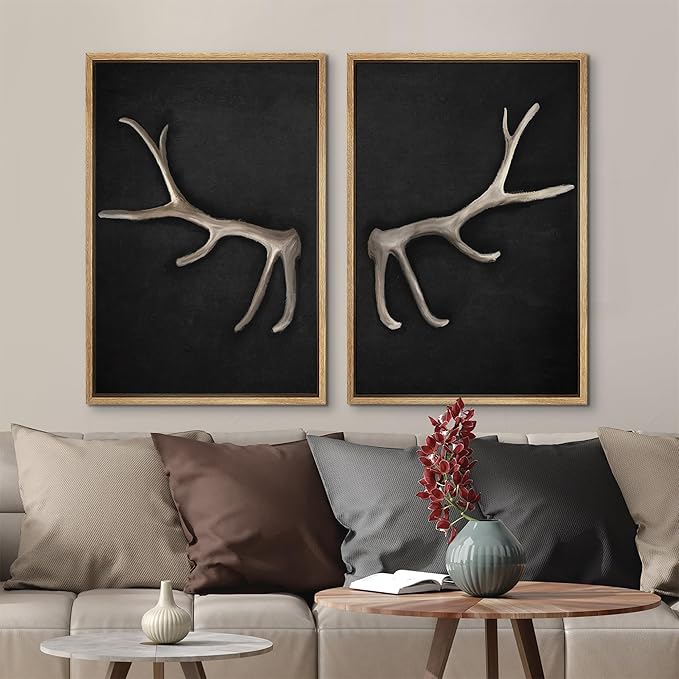 MUDECOR Framed Canvas Print Wall Art Rustic Antler Minimalist Antler Illustrations Modern Art Decorative Bohemian Colorful Chic for Living Room, Bedroom, Office - 16"x24"x2 Natural