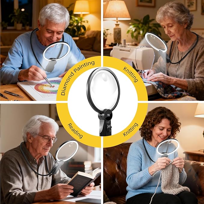 2500mAh Magnifying Glass with Light, Upgrade LCD Display Screen 5X/10X Lighted Magnifier for Seniors & Low Vision, Hands Free Magnifier for Reading, Knitting, Cross Stitch & Crafts(Black)
