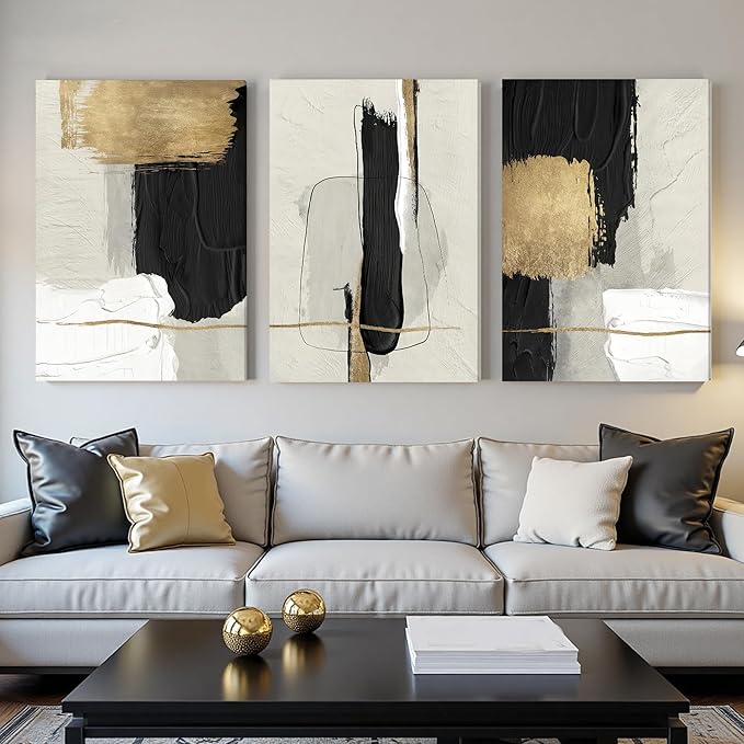 DUWQU 3 Piece Large Black and Gold Abstract Canvas Wall Art, Modern Black Gold and White Art Wall Decor, Minimalist Grey Beige Block Prints for Living Room Bedroom Office Home Decorations 24×36x3 In