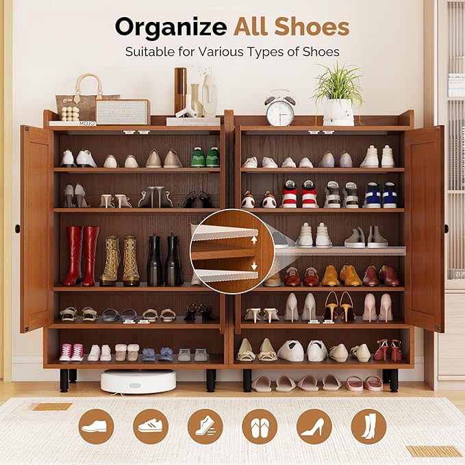 Entrance Shoe Cabinet with Doors,6-Tier Farmhouse Shoe Storage Organizer with Adjustable Shelves Holds 18-27 Pairs and Metal Legs, Entry Organizer Entryway, Living Room (Walnut)