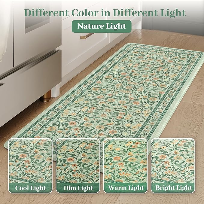 KIMODE Anti Fatigue Kitchen Mats for Floor 2 Piece, Boho Floral Kitchen Rugs Non Slip, Memory Foam Kitchen Floor Mats, Ergonomic Standing Mats for Sink Laundry Office Desk Green 20"x47"+20"x32"