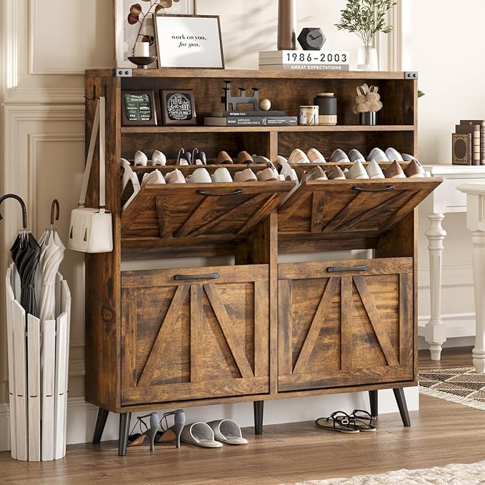 Shoe Cabinet with 4 Flip Drawers,Farmhouse Shoe Storage Cabinet for Entryway,Narrow Freestanding Organizer Rack with Open Shelves for Foyer,Hallway,Brown