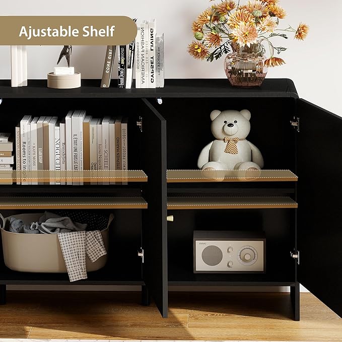 59" Sideboard Buffet Cabinet with Storage, Wood Arched TV Console Storage Cabinet with 3 Doors and Adjustable Shelf, Large Curved Accent Cabinet for Living Room Hallway Kitchen Dining Room, Black