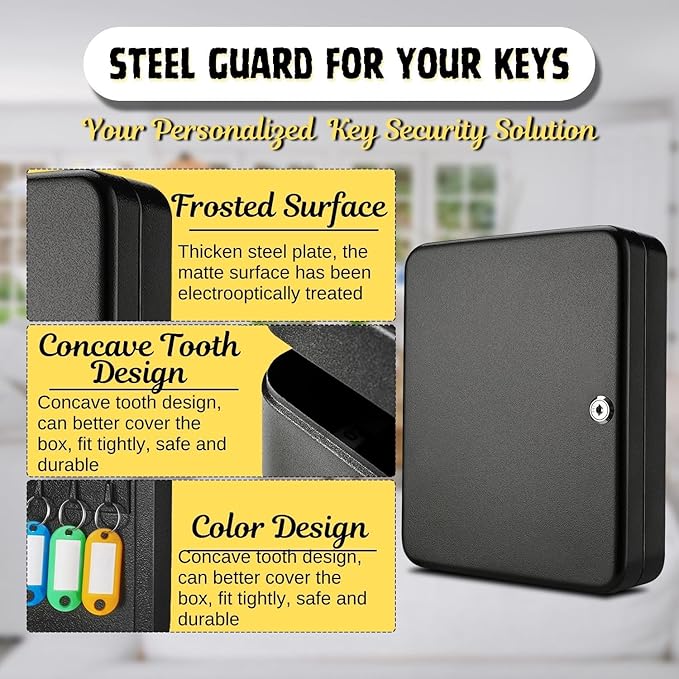 Flexzion Key Cabinet Key Lock Box Wall Mount with 60 Key Holder Organizer Locker Case, Colored Key Tags & Hooks Wall Mounted Lock Box for Keys Storage, Homes, Property, Hotels, Business (Black)