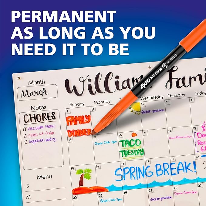 EXPO Wet Erase Markers, Semi-Permanent, Assorted Colors, Fine Tip, 12 Count - For Writing on Glass, Whiteboards, Mirrors, Calendar, Labeling, Organizing