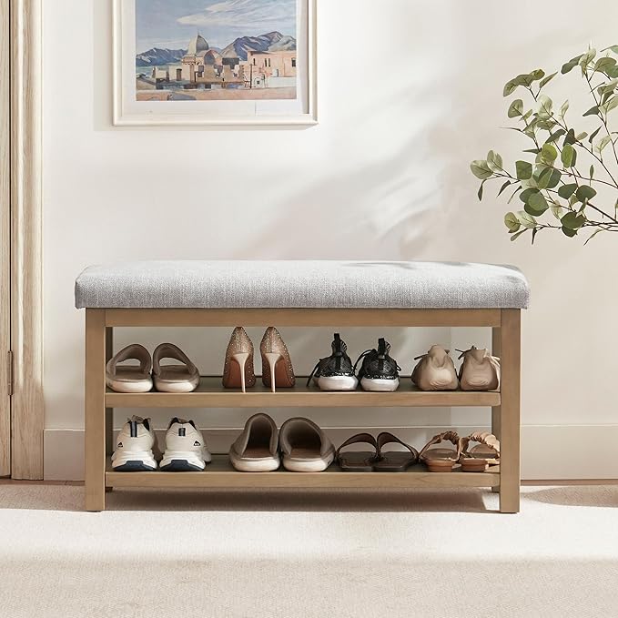 2 Tier Shoe Rack Bench with Cushion, Solid Wood Shoe Benches, Mid-Century Modern Shoe Storage Bench for Entryway, Hallway, Living Room, Closet, Front Door Entrance, (Grey, 39.4")