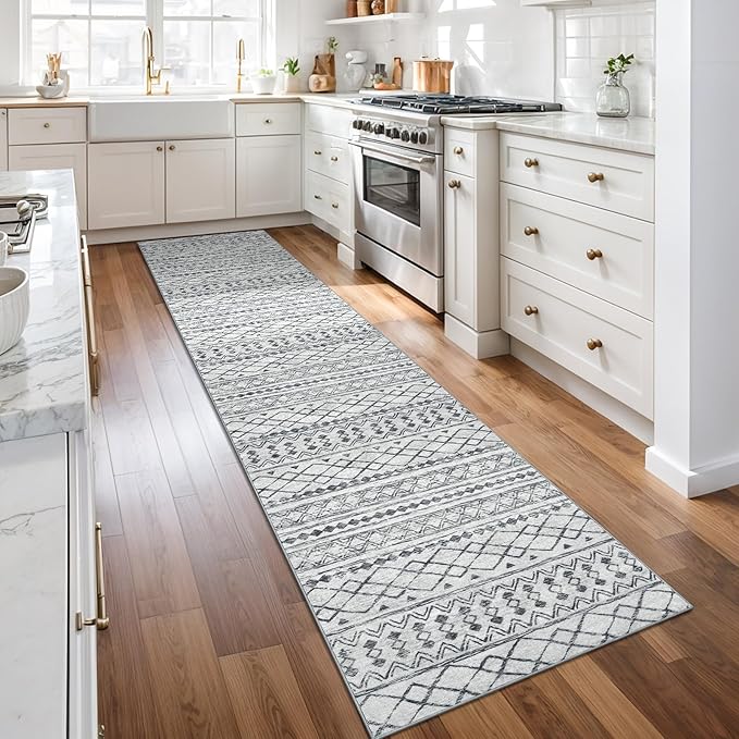 KUTA Moroccan Washable Runner Rug, 2x10 Non-Slip Vintage Grey Boho Hallway Kitchen Runners Ultra Soft Distressed Geometric Floor Carpet Rugs for Bedroom Laundry Living Room