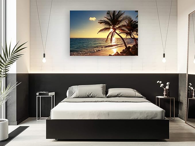 Muolunna S04969 Wall Art Decor Large Canvas Print Picture Sunset Ocean Beach Waves 1 Panel Coconut tree Scenery Painting Artwork for Office Home Decoration Stretched and Framed Ready to Hang XLarge