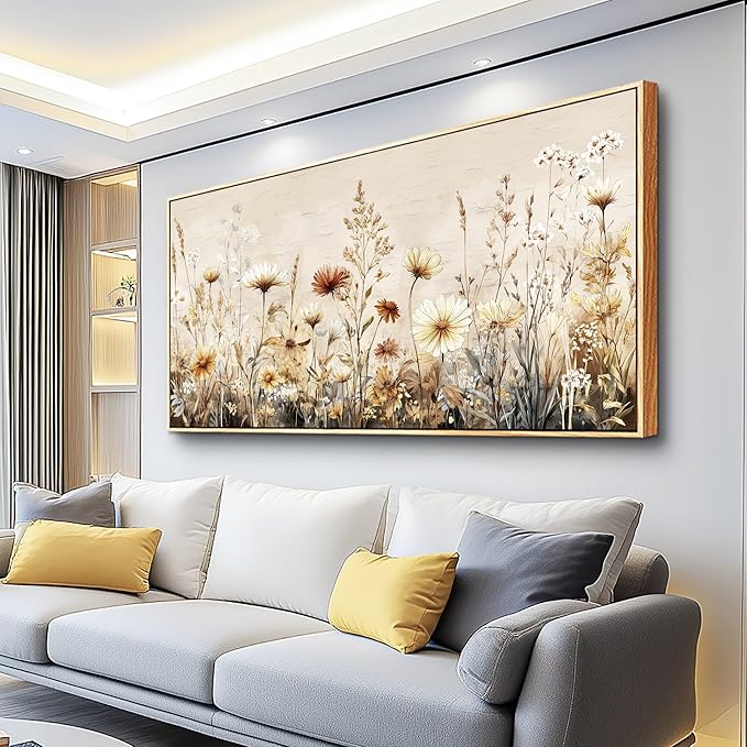 PHAOHUAXM Abstract Ink-Wash Flower Canvas Wall Art Wood Framed Modern Wall Decor for Living Room Bedroom Office Restaurant, Home Aesthetic Artwork Print 24"x48"