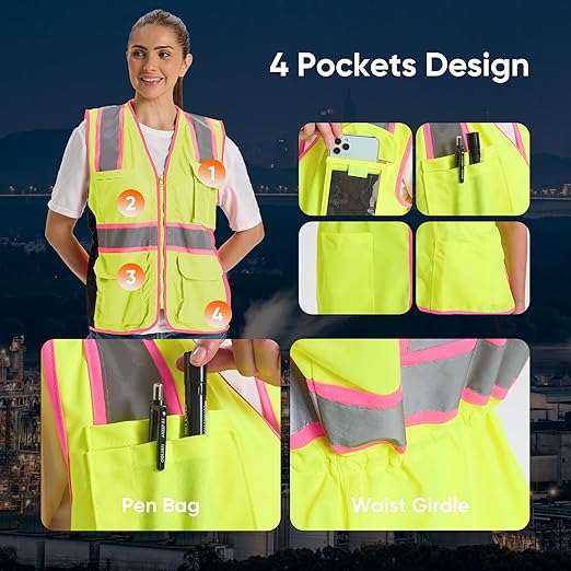 Hi Vis Safety Vest for Women,Working Drawstring Waist Construction Vest with Pockets and Zipper,Womens Safety Vest,ANSI Type R Class2