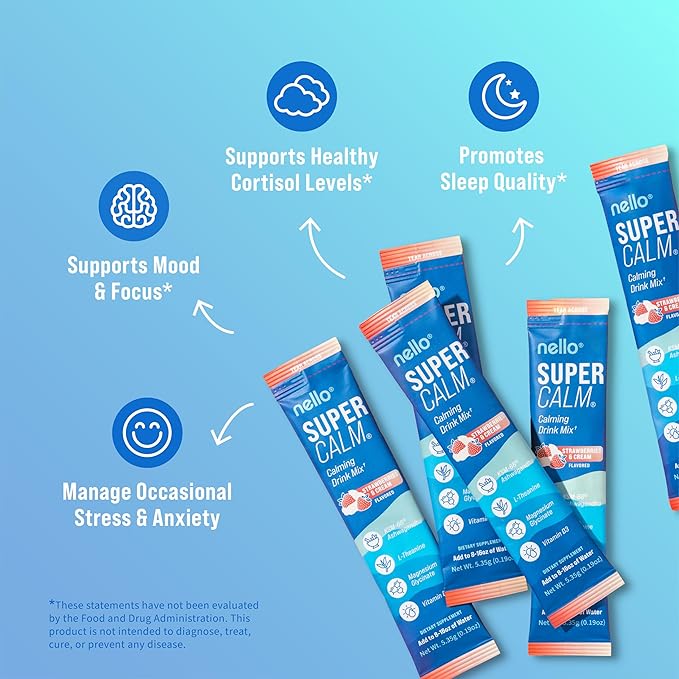 Nello Supercalm Powdered Drink Mix, Cortisol Reducer*, Sleep Aid Supplement, L Theanine, Ksm-66 Ashwagandha, Magnesium Glycinate, Vitamin D 3, No Sugar, Non GMO, 20 Ct, Strawberries & Cream
