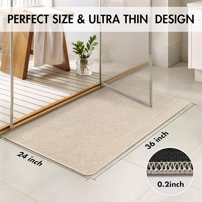 MIULEE Set of 2 Ultra Thin Bathroom Rugs, Rubber Bath Mats for Bathroom Non Slip, Quick Dry Absorbent Bath Rug Machine Washable, Fit Under Door, Shower, Sink, Home Decor, Light Beige, 24x36 Inch
