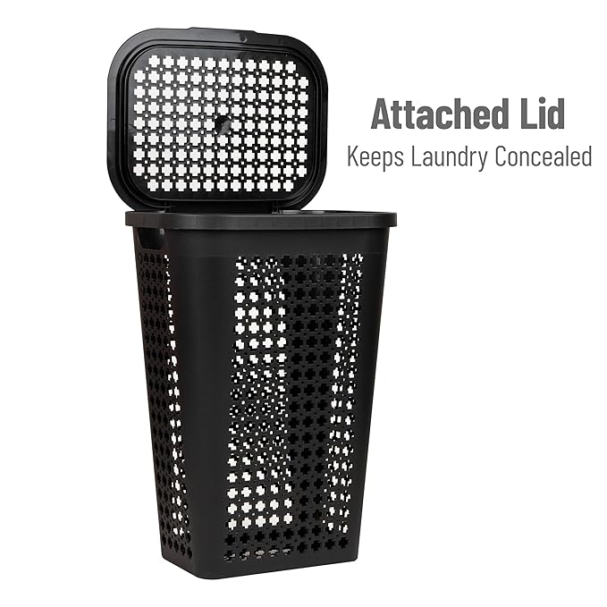 Mind Reader Slim Tapered Laundry Hamper with Lid, Clothes Basket with Swiss Cross Cut-Outs, Lightweight & Ventilated, Plastic, 16.75"L x 12.75"W x 23"H, Black