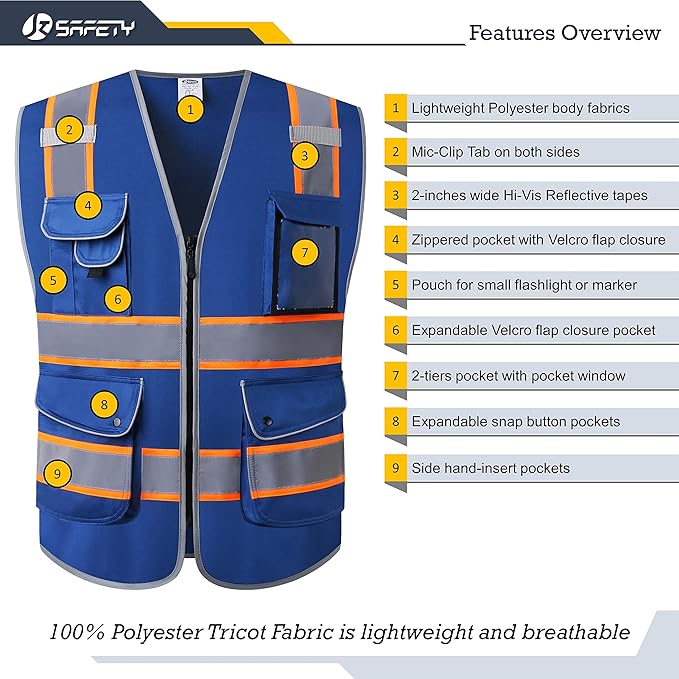 JKSafety 9 Pockets High Visibility Zipper Front Safety Vest | Blue with Dual Tone High Reflective Strips | Meets ANSI/ISEA Standards (901-Blue, 3X-Large)
