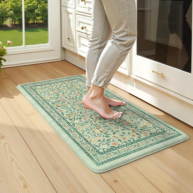 KIMODE Kitchen Mats Cushioned Anti Fatigue 20"x39", Green Floral Kitchen Mats for Floor, Padded Kitchen Floor Mats Non Slip, Standing Mat for Laundry Office Sink Desk