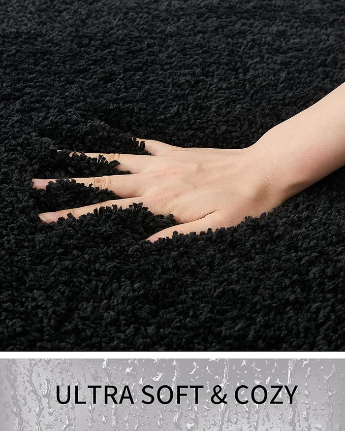 Bathroom Rugs, Ultra Thick Shaggy Soft Microfiber Absorbent Bath Rug, High Density Foam Latex Non Slip Backing, Machine Washable Bath Mats for Bathroom Floor & Sink 24x17, Black