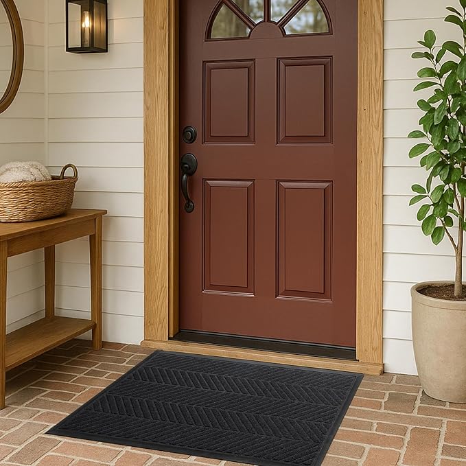 Front Door Mat 36"x24" Indoors Outdoors Welcome Mats, Waterproof Non-Slip Rubber Backing Heavy Duty Doormat Outside Entrance, Low Profile Entryway Rugs Floor Mat for Patio, Pattern A Black