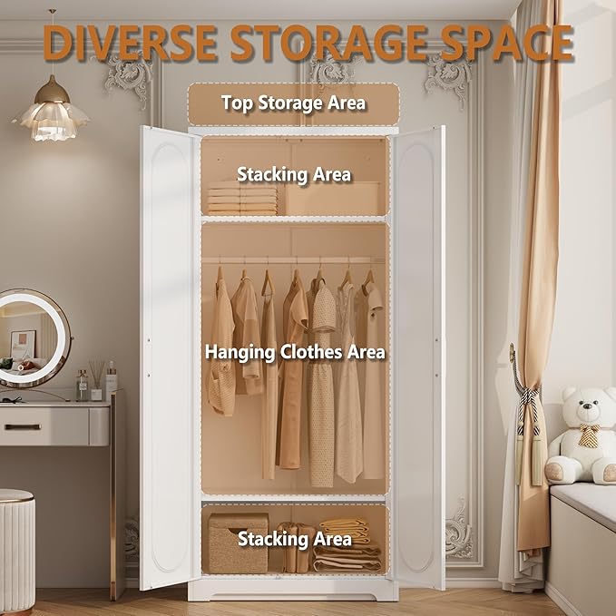 Metal Armoire Wardrobe Closet for Hanging Clothes, 71" Tall Wardrobe Cabinet with Hanging Rod, Large Freestanding Wardrobes Closet with Doors and Shelves for Bedroom, Office, Gym, School, White