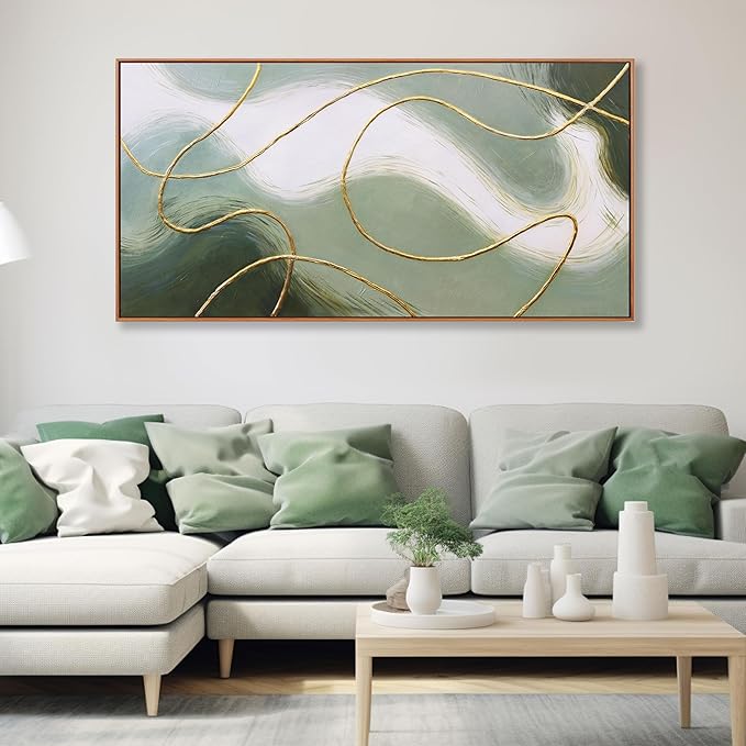 Framed Abstract Wall Art Room Decor Aesthetic Green White and Gold Lines Boho Canvas Wall Decor Artwork Modern Home Wall Decor for Living Room Bedroom Office Decor 24"x48"