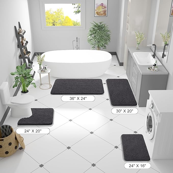 OLANLY Bathroom Rugs 47x20, Extra Soft Absorbent Chenille Bath Rugs, Rubber Backing Quick Dry, Machine Washable Bath Mats for Bathroom Floor, Tub and Shower, Home Decor Accessories, Dark Grey