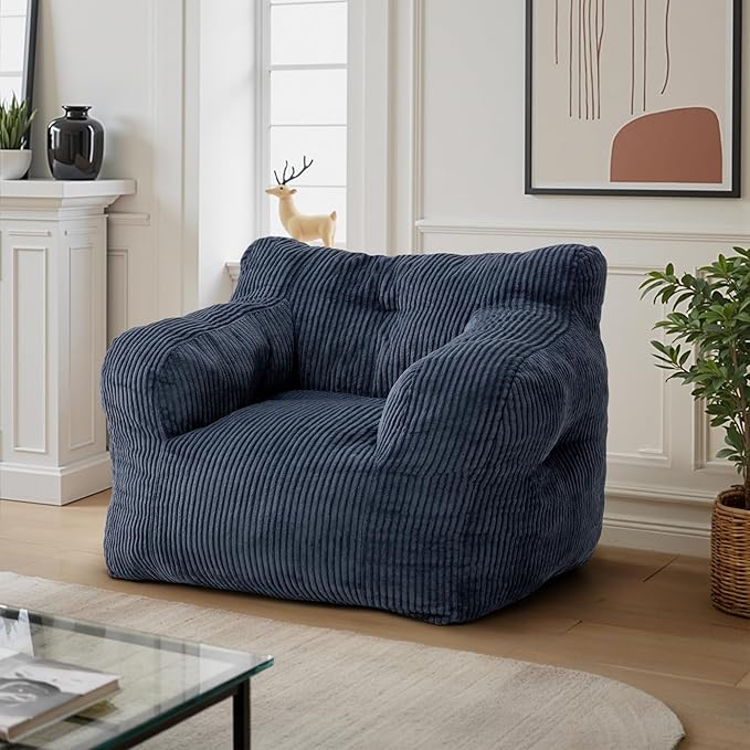 32" Bean Bag Chair,Loveseat Sofa,Corduroy Lazy Sofa Bed for Adults,Fit Living Room, Bedroom,Outdoor Spaces,Ultra Soft Dutch Velvet,Fluffy Comfort Washable Cover,72h Rebound,Blue