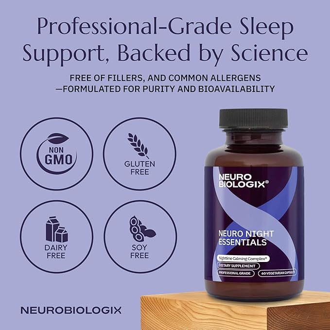 Neurobiologix Neuro Night Essentials, Calming Nighttime Formula with GABA L-Theanine Valerian Root & Magnesium, Supports Relaxation Emotional Balance & Wind-Down Routine, 60 Vegetarian Capsules