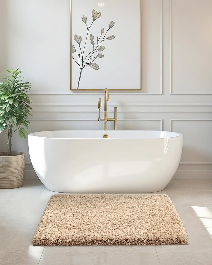ILANGO Beige Bathroom Rugs 32" × 20" Non Slip & Super Absorbent Extra Thick Soft, Washable Bath Mat for Floor, Microfiber Plush Shaggy Bath Rug with Rubber for Bathtub Shower Room Sink