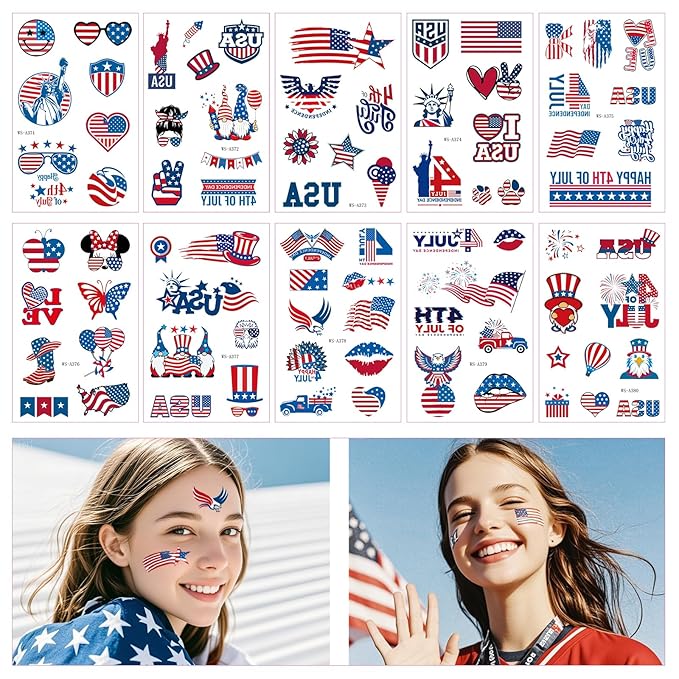 4th of July Temporary Tattoos - 80 Pcs Independence Day American Flag Red White and Blue Tattoos for Kids,Memorial Day,Labor Day,Fourth of July Party Decorations and USA Party Favors 10 Sheets