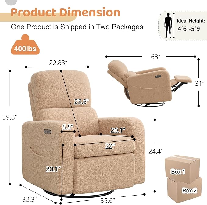 Power Swivel Rocker Recliner, Oversized Boucle Electric Recliner Chair, Swivel Glider Nursery Reclienr with Removable Cushion, Upholstered Recling Chair for Living Room Bedroom, Teddy Camel