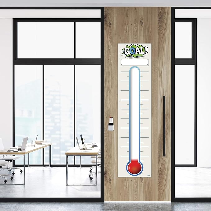 Fundraising Thermometer Chart Goal Tracker Decal - 48"x12" - Dry Erase Goal Setting Wall Poster Thermometer - Removable Giant Sales Goal Vinyl Sticker (Blue)