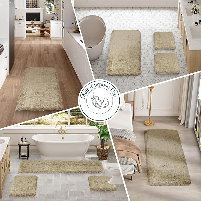 Walensee Contour Rug (20x24, Sand) Non Slip Bath Mat for Bathroom - Water Absorbent Soft Microfiber Shaggy Mat - Machine Washable - U Shape Toilet Rug